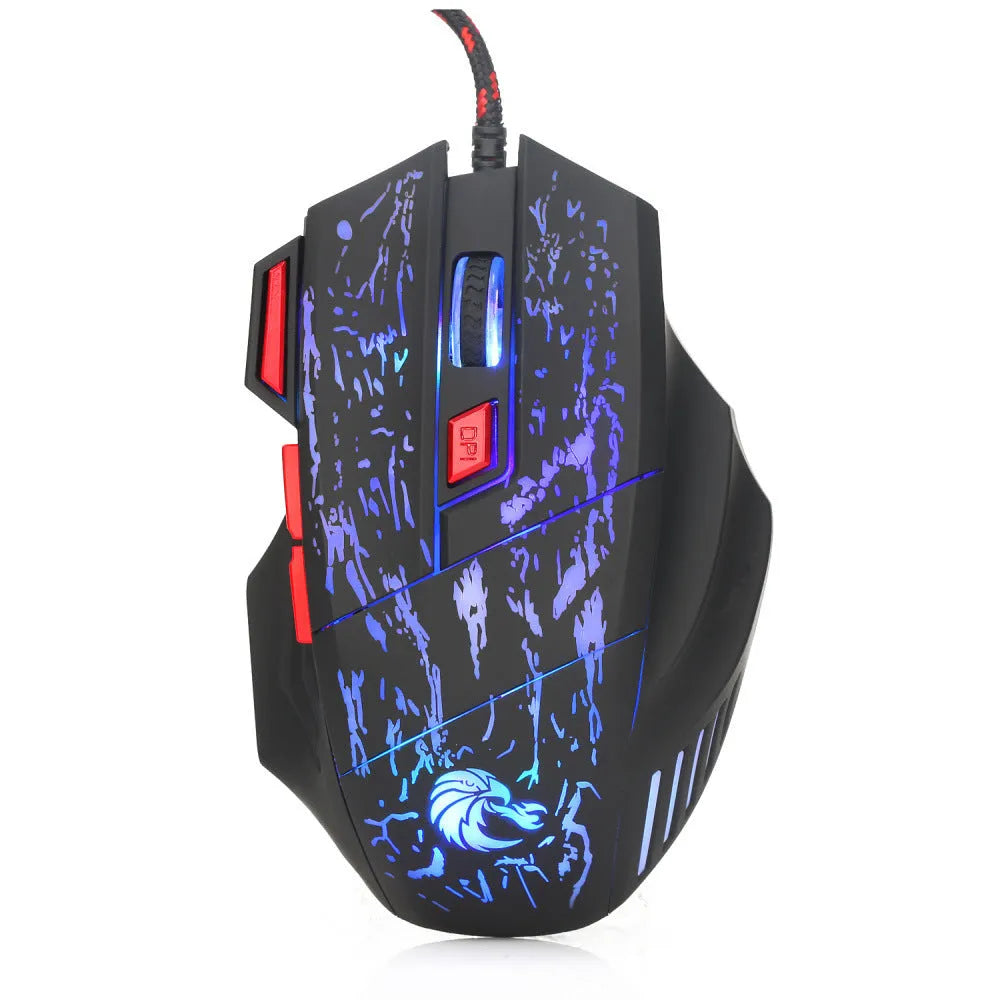 Colourful luminous water crack pattern gaming mouse with ergonomic shape and USB cable
