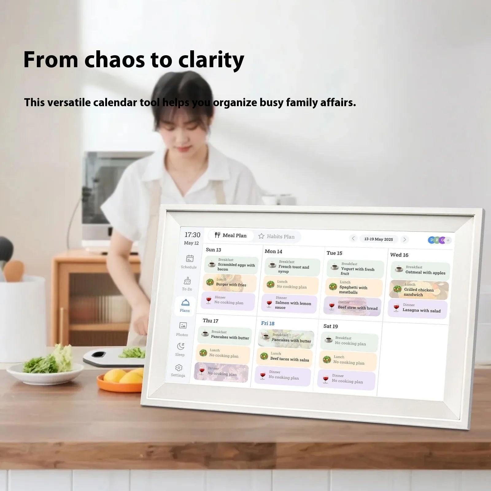 White 15.6-inch smart digital photo frame with app control on table