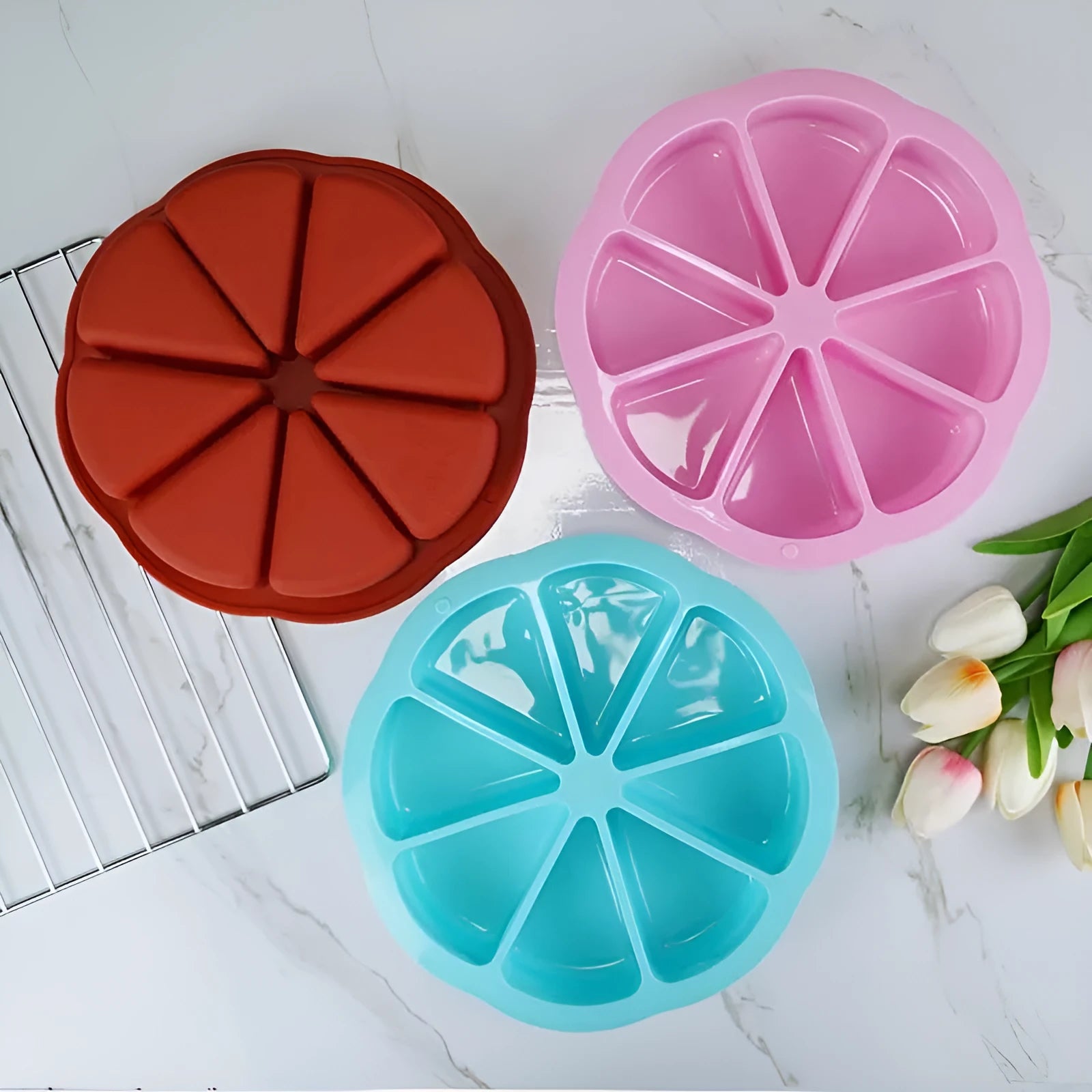 Round silicone cake mold in blue for baking cakes, modern simplicity style