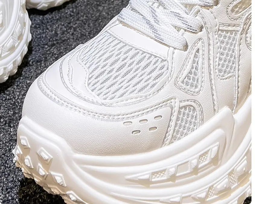 Women's white height increasing dad shoes with lace-up closure and round toe