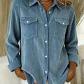 Women's light blue distressed denim cardigan jacket on a flat lay, showing long sleeves and solid colour