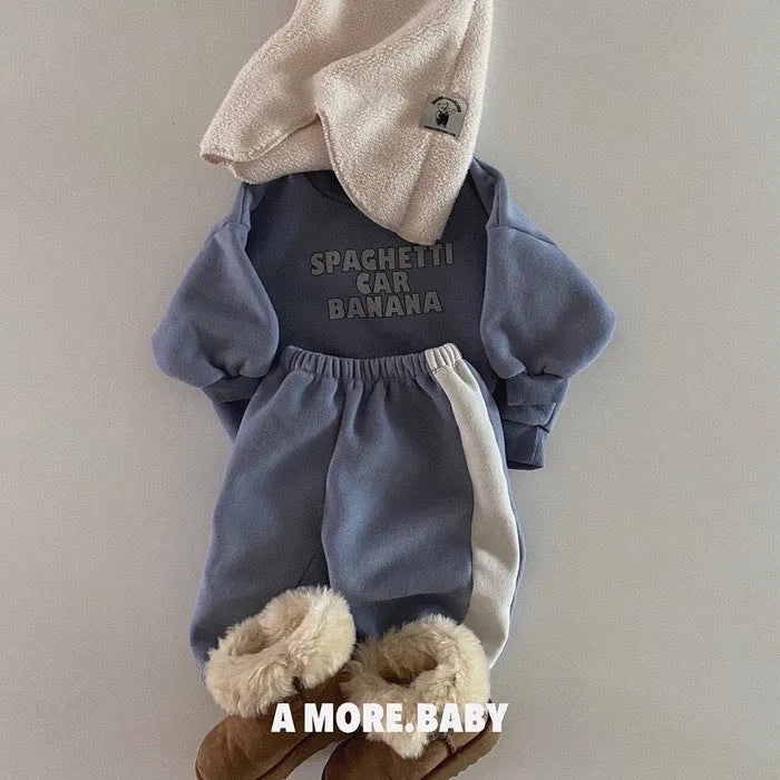 Children's blue long-sleeved cotton letter sweater on child front view