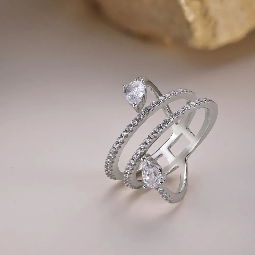 Sterling Silver S925 drop shaped ring white gold colour women