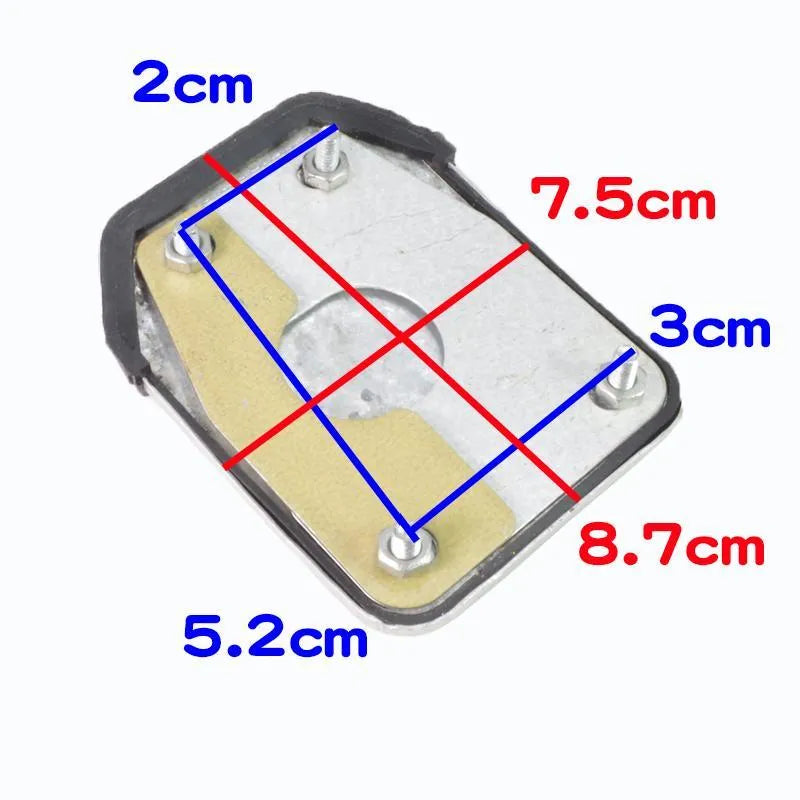 Metal motorcycle brake pedal skid plate showing three style variations for universal fit