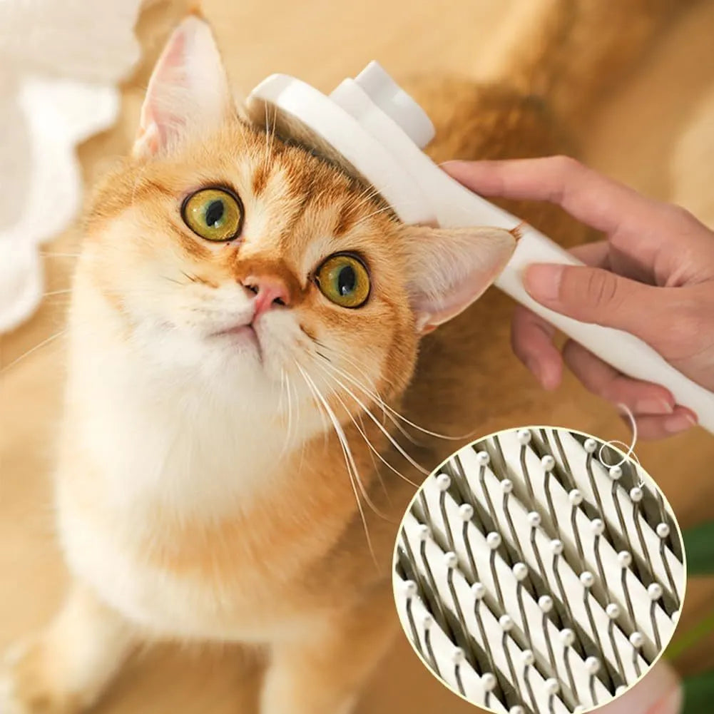 Blue self-cleaning cat brush with rubber handle and button for one-click hair removal.