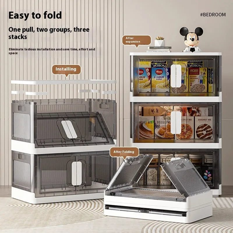 Foldable household storage locker with wheels in grey colour showing multiple storage layers
