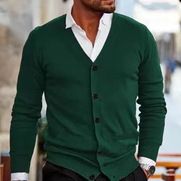 Men's slim fit acrylic cardigan sweater coat in creamy-white colour with long sleeves for autumn wear