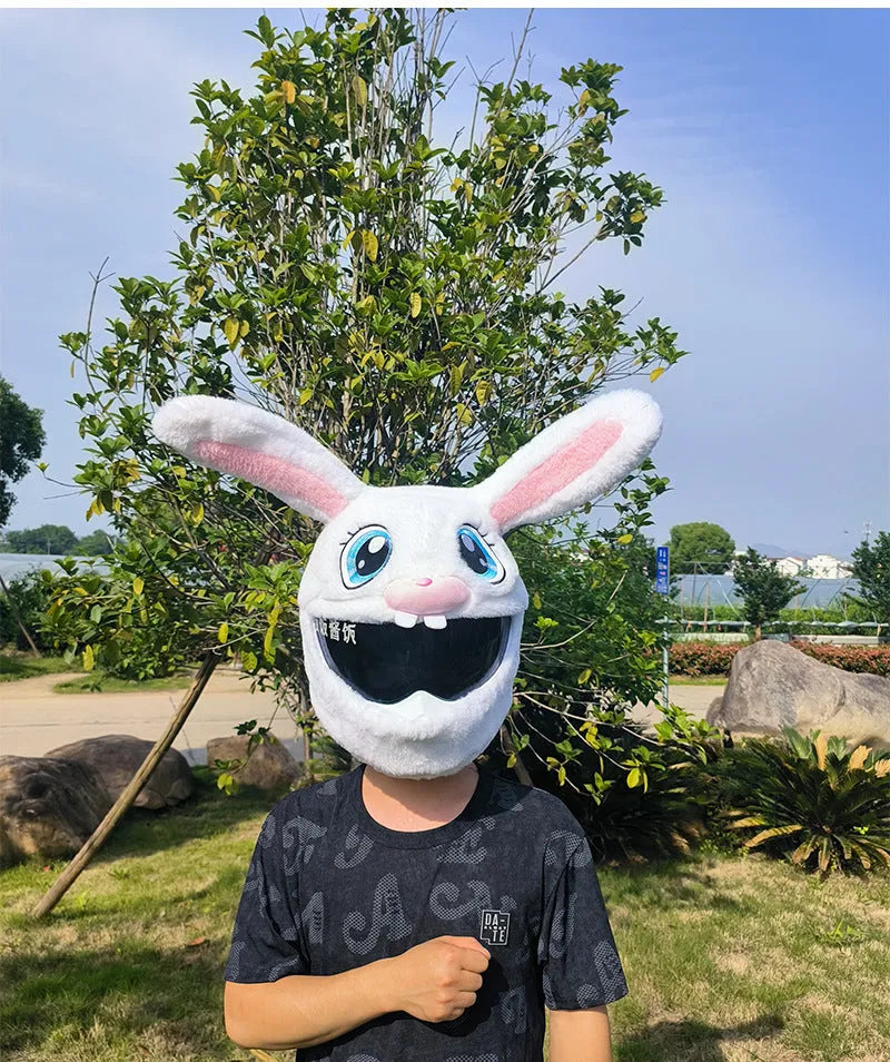 White long-eared rabbit head helmet cover for electric motorcycle with plush pp cotton material