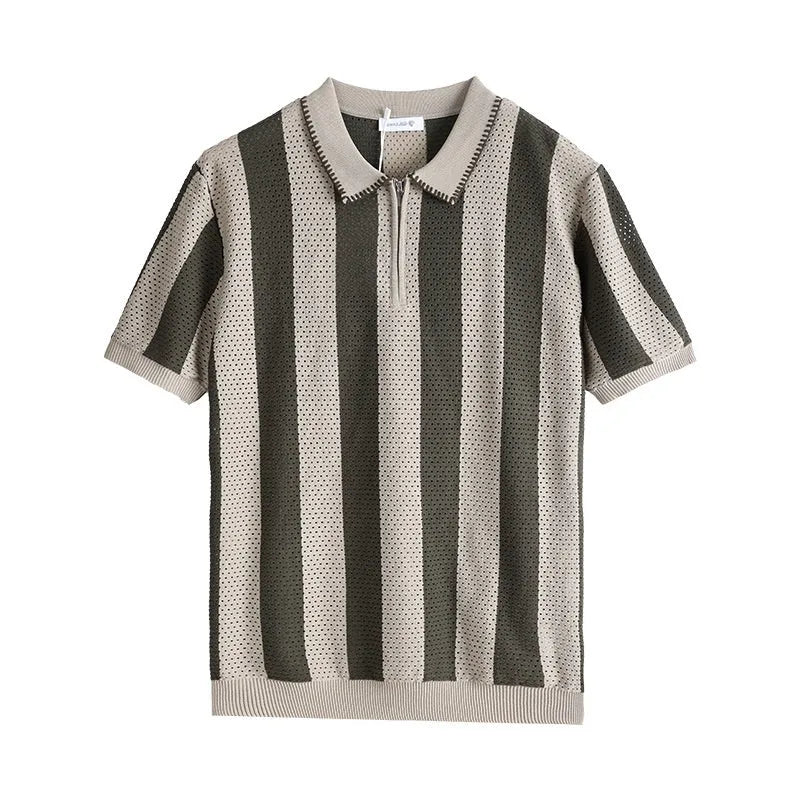Men's striped short sleeve sweater in ice silk viscose with a decorative chest zipper.