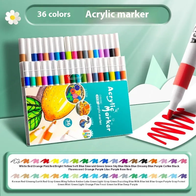 Acrylic marker pen set in plastic barrels with multiple colour options for student painting projects