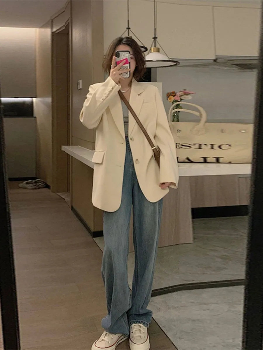 Korean style polyester blazer jacket in solid colour with pockets and long sleeves