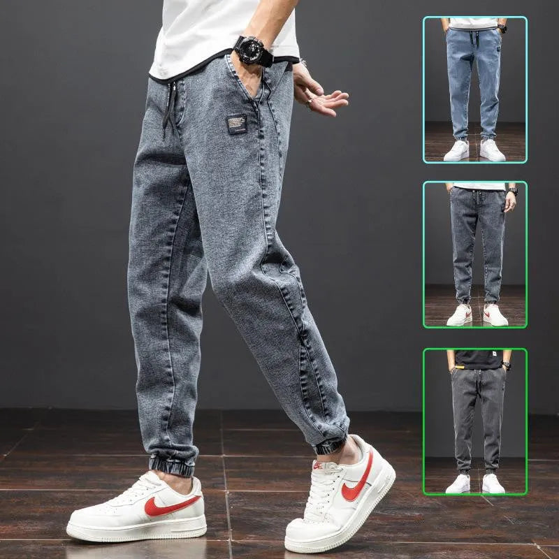 Men's casual loose stretch cotton jeans in black, available in sizes M to 8XL for relaxed daily wear