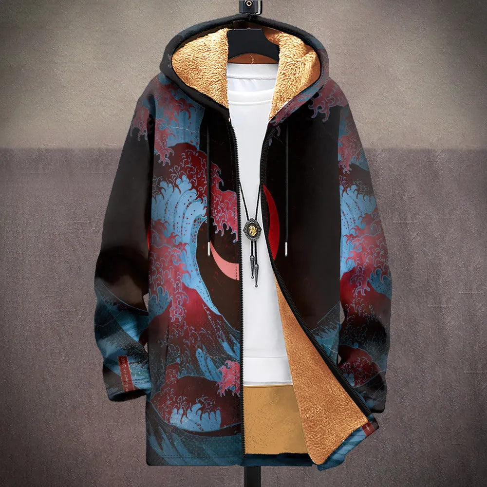 Man wearing a loose fit multicolour printed zip-up hooded cardigan in a casual setting