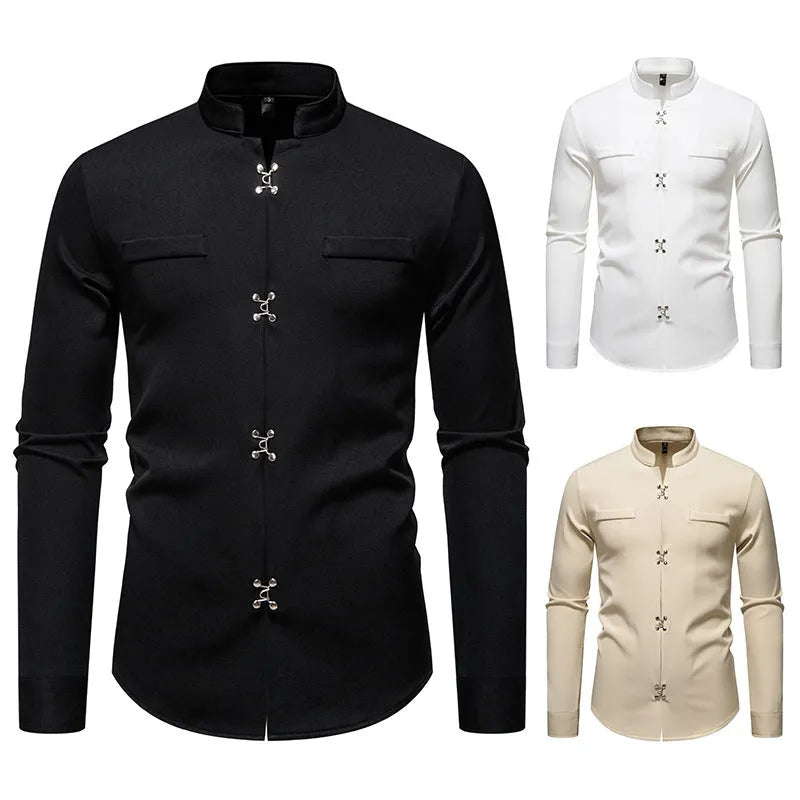 Men's long-sleeved slim-fit cardigan shirt in black polyester – front view