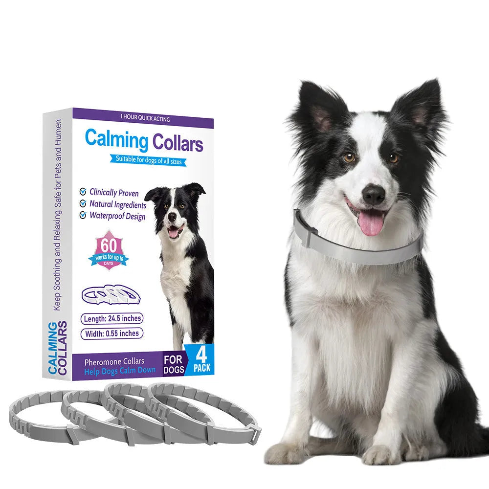 Four dog anxiety relief collars in different colours showing Chinese style monochrome patterns