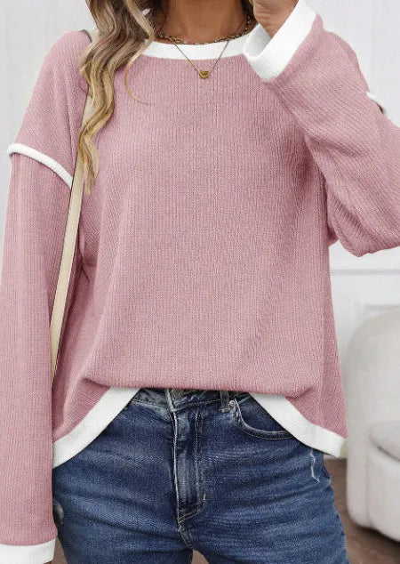 Drop shoulder loose knit top with four leaf clover contrast trim in polyester elastane fabric