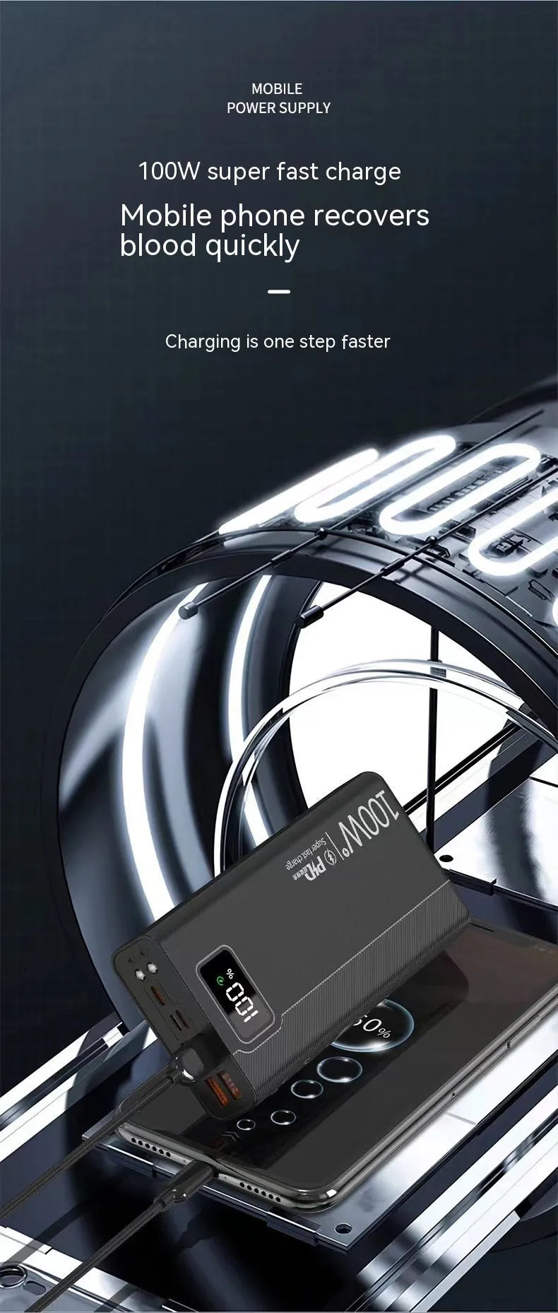 Black and white large capacity power bank with plastic shell showing fast charge support.