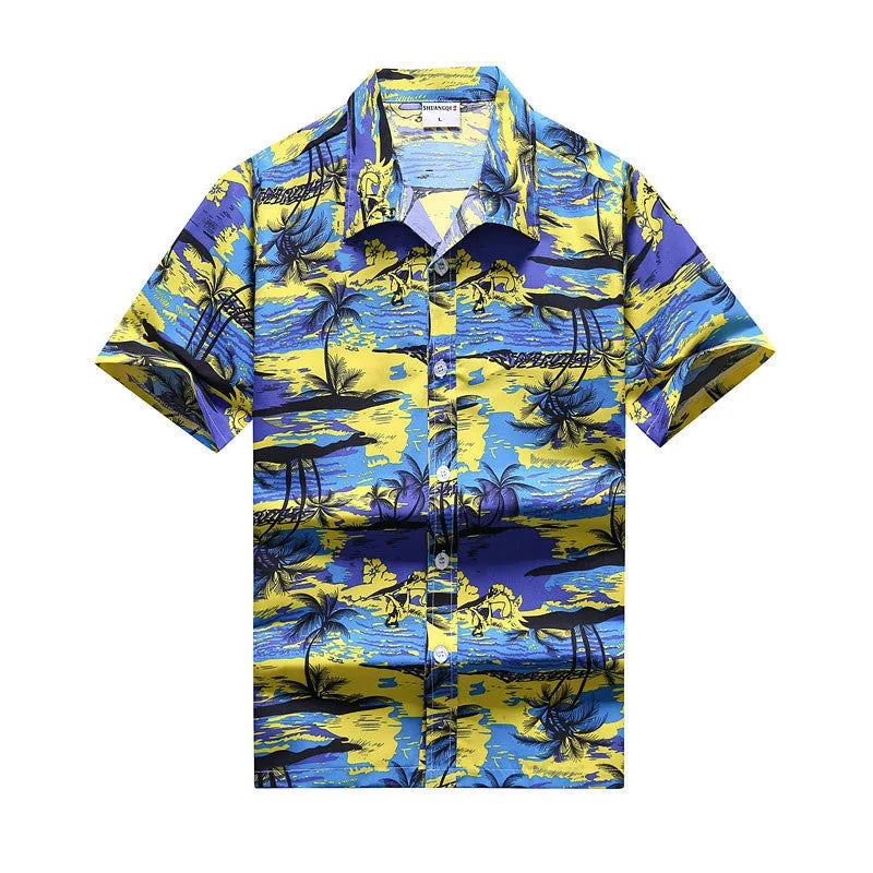 Men's loose beach Hawaiian shirt with short sleeves, floral print, and thin polyester peach skin fabric in yellow, blue, white, or multi-colour.
