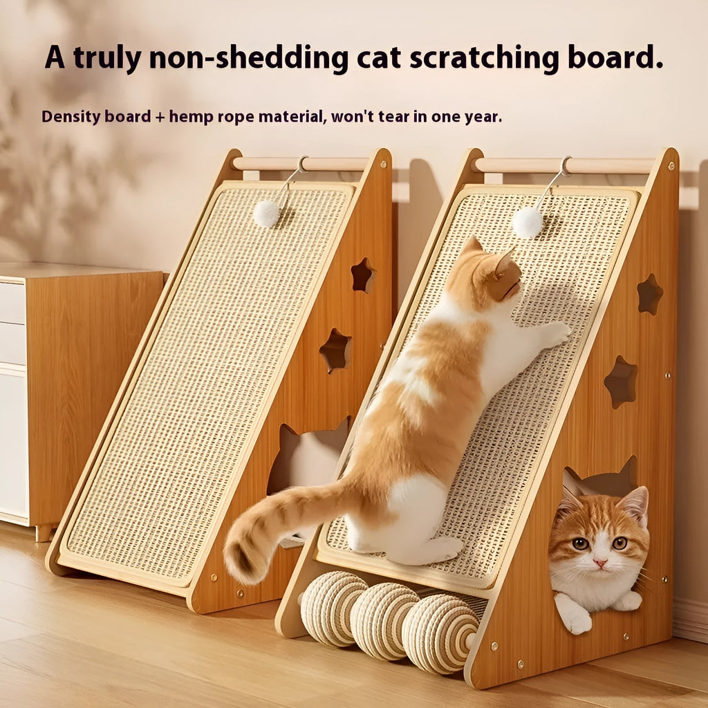 Vertical wall-mounted cat scratch board with sisal scratching surface and integrated teasing ball with hemp rope