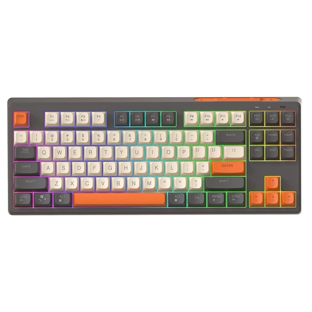 Free Wolf M87 wireless Bluetooth dual-mode mechanical feel keyboard in one of four colour options on a desk.