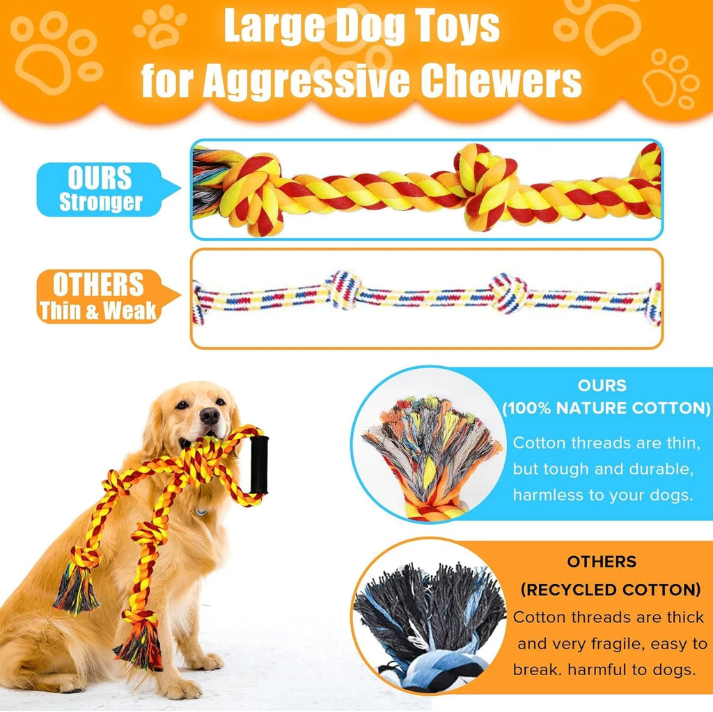 Blue and yellow heavy-duty cotton rope tug toy for large dogs with an ergonomic handle.