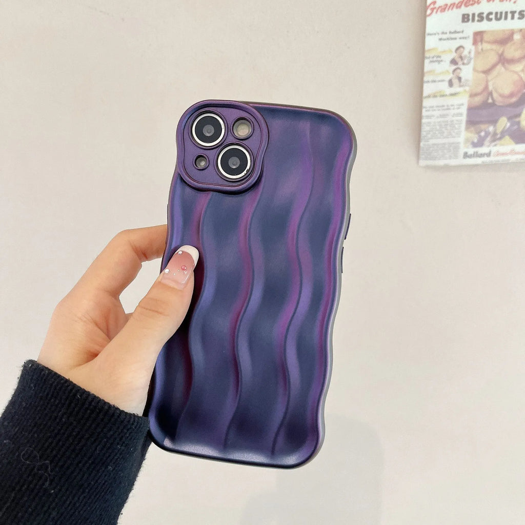 Silicone iPhone 17 case with water ripple pattern in beige, burgundy, green, silver, or purple colour