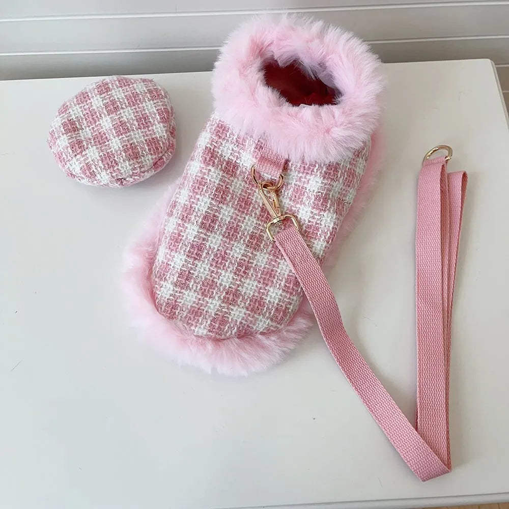 Pink cat costume set with cloak and beret for female cats with hand holding rope accessories