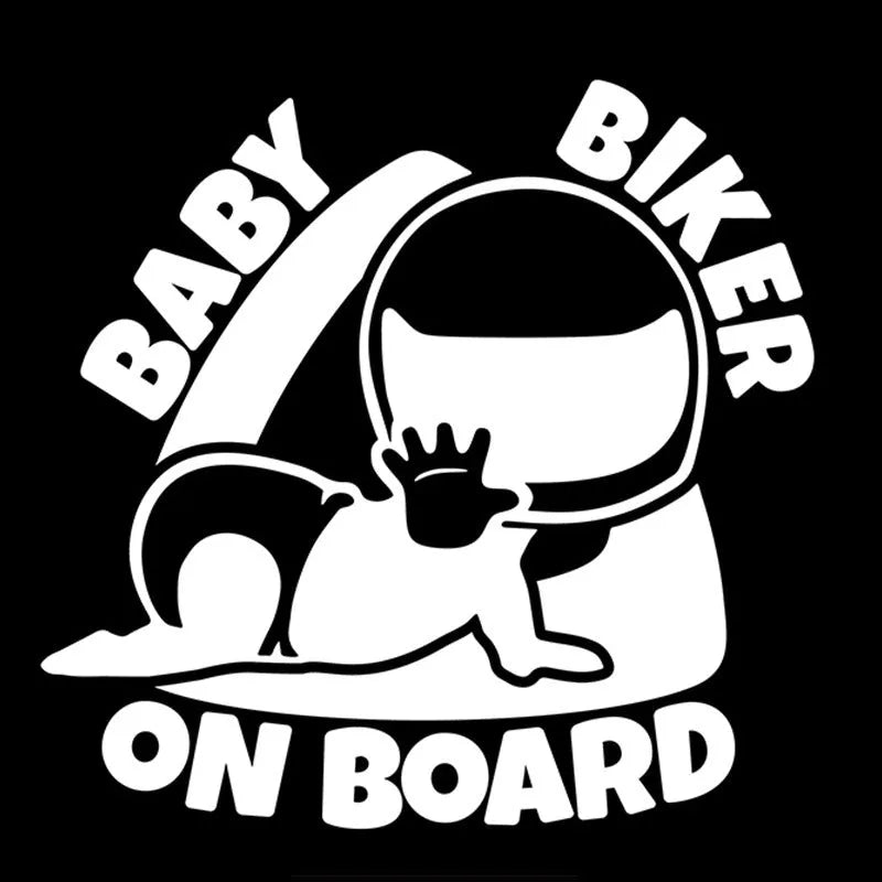 Black and white versions of a reflective BABY ON BOARD car sticker measuring 14.5 by 15 cm.