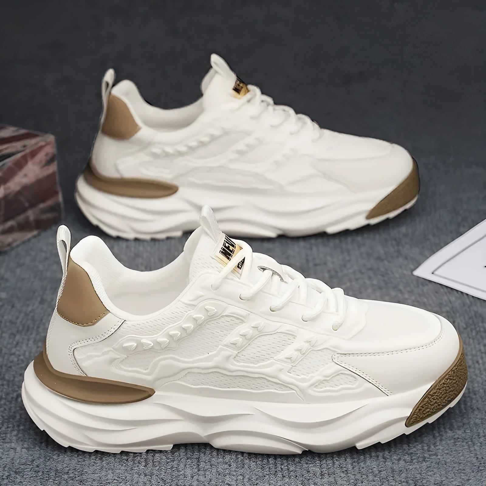 Men's breathable mesh shoes with PU mesh upper in round toe design, available in white and black
