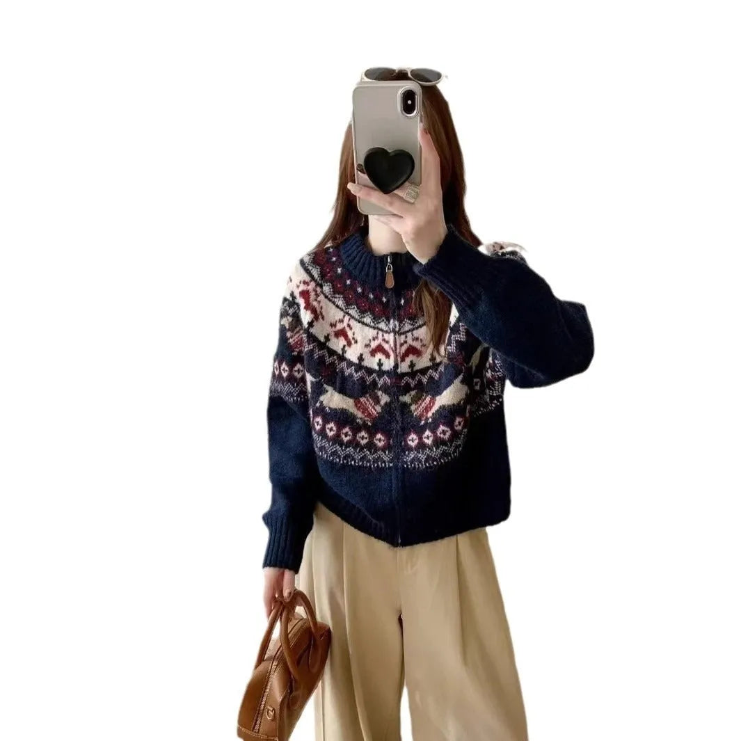Ethnic style heavy industry jacquard pullover sweater with 3D pattern in apricot beige colour