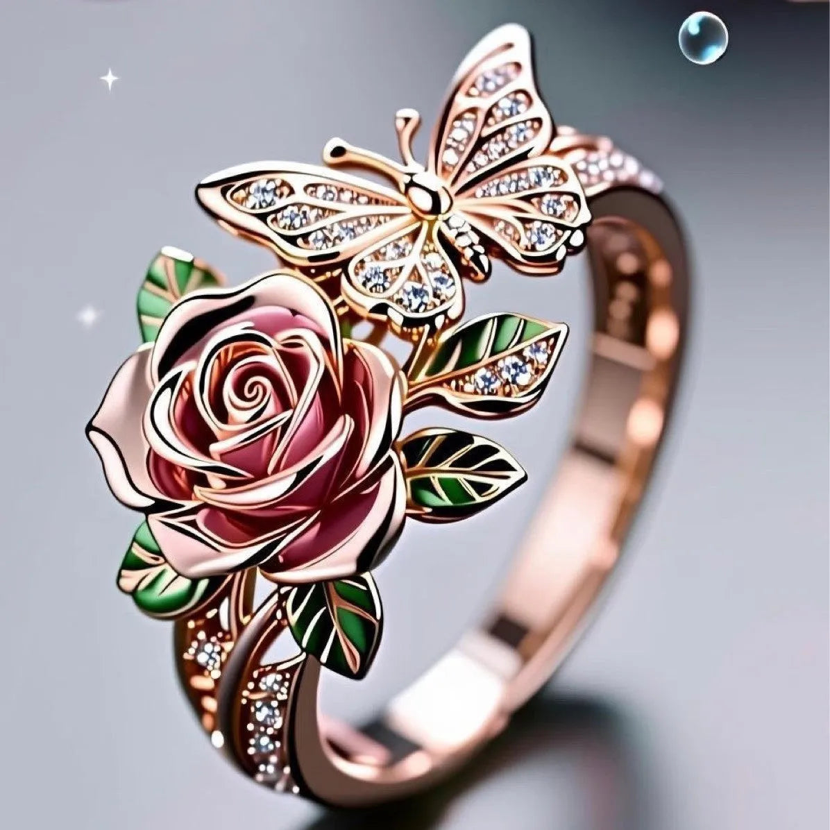 Adjustable butterfly personality ring with oil-drip colour effect showing flower and insect details