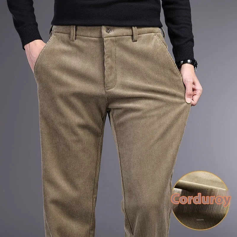 Retro-style men's straight-leg striped trousers in a chemical fibre blend fabric.