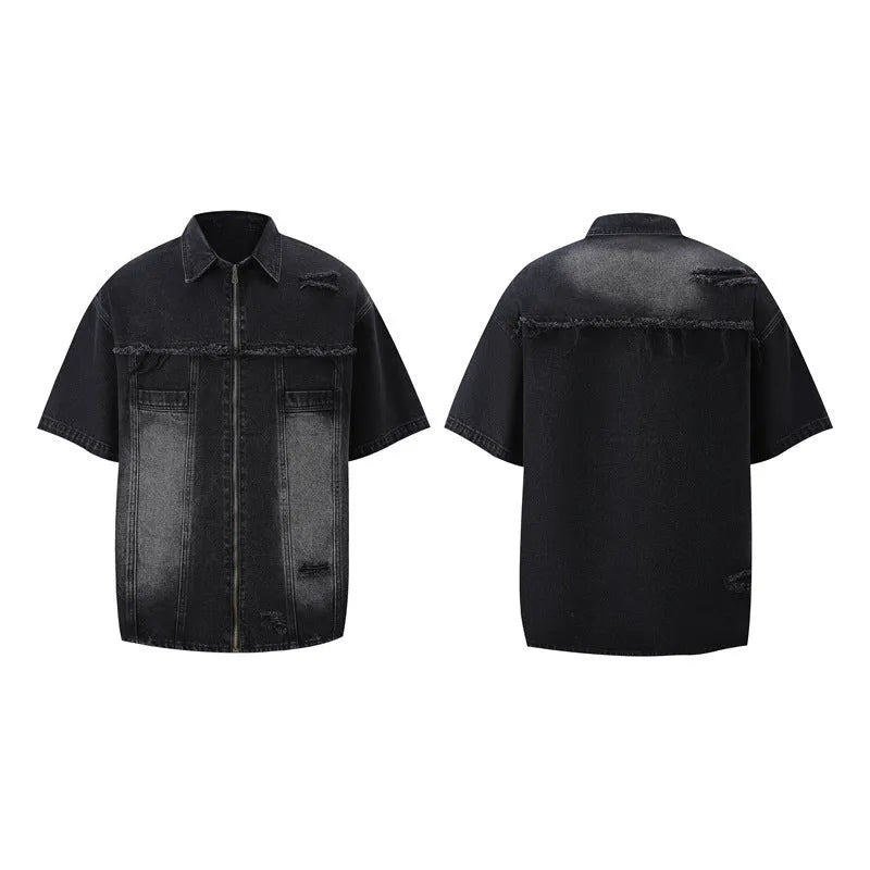 Denim two piece set with short sleeve top and full length trousers in black, blue or yellow mud
