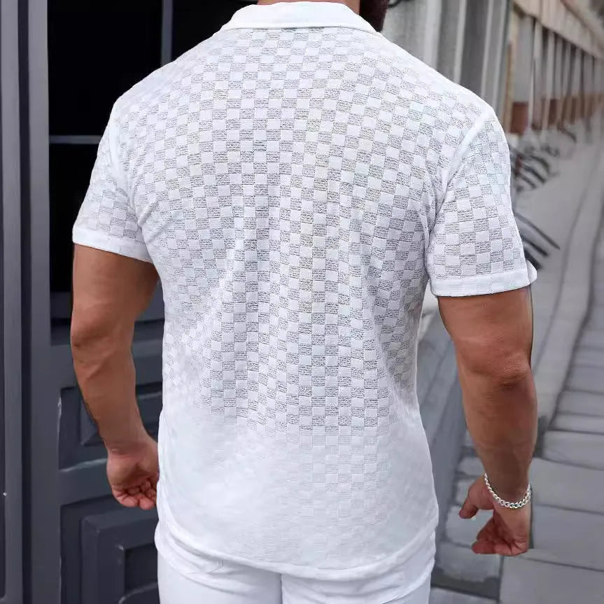 Men's short sleeve shirt with lace hollow detail in white or black, polyester blend, sizes S-XXL
