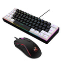 White and black gaming keyboard and mouse combo with colour backlight on a desk.