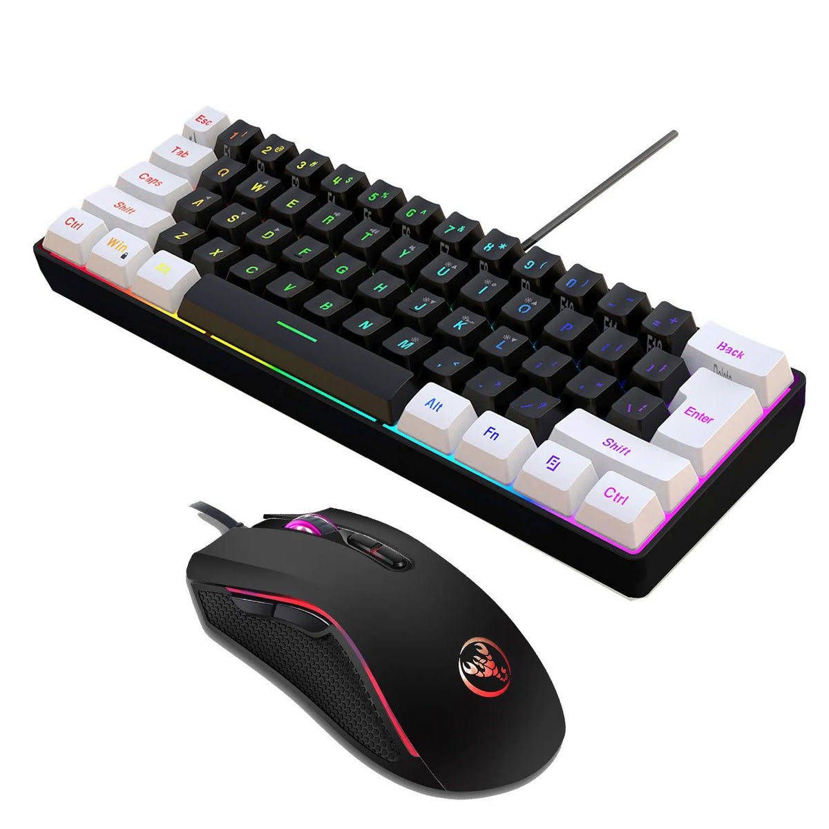 White and black gaming keyboard and mouse combo with colour backlight on a desk.