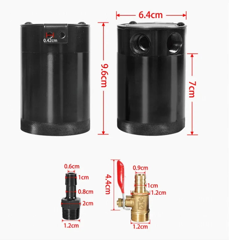 Black aluminium automotive oil pot with connectors and installation hardware