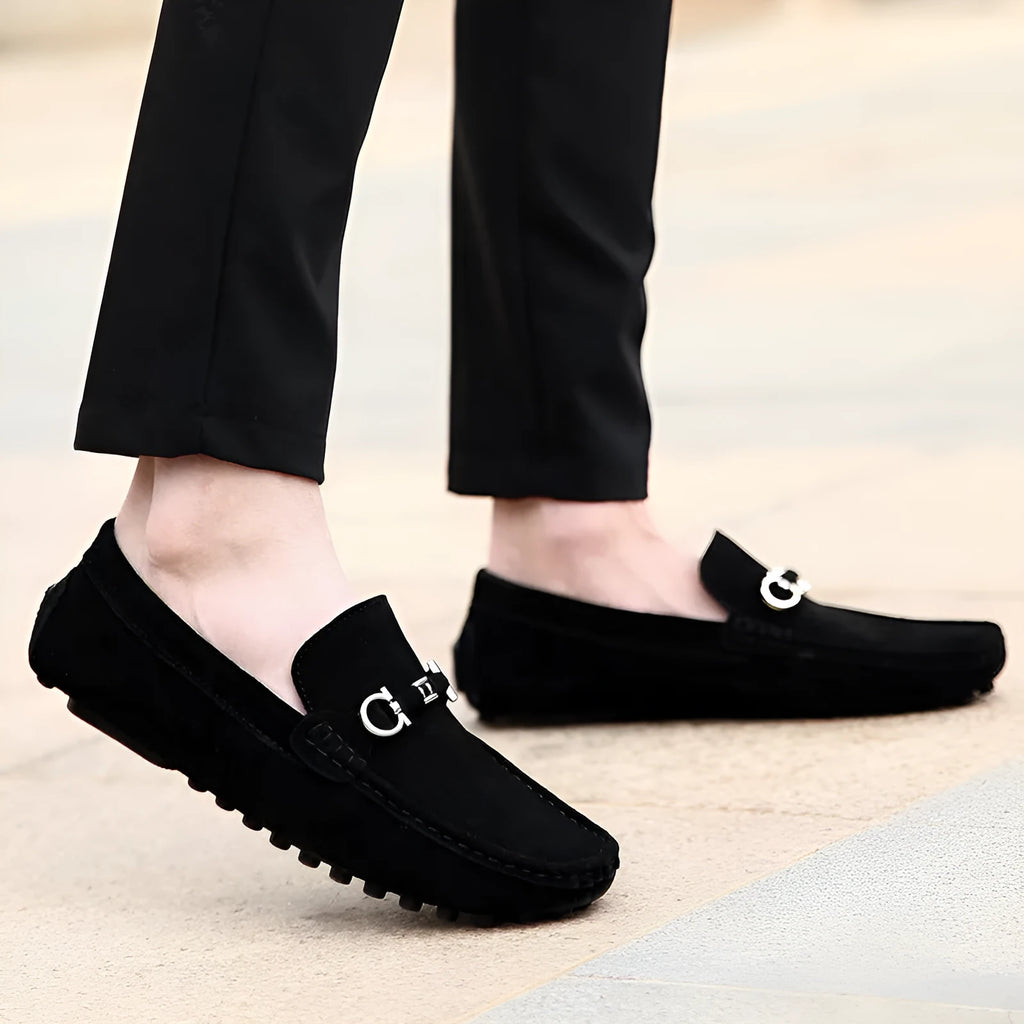 Men's black matte cowhide slip-on shoes with square toe and stiletto heel design