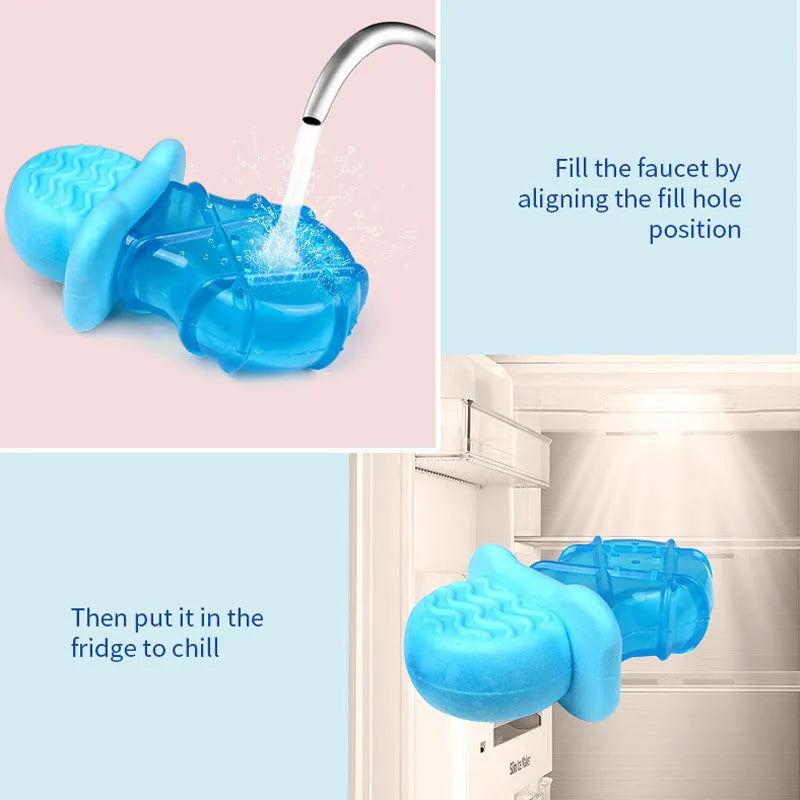 Set of three water-filled ice dog cooling toys including pacifier, popsicle mould, and ring shapes
