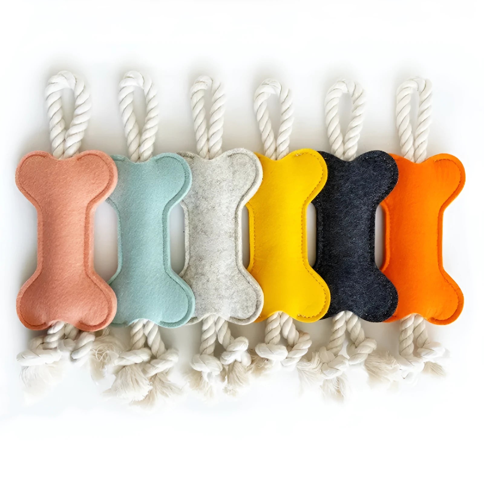 Bone-shaped dog chew toy with rope knot design in felt fabric, available in multiple colours