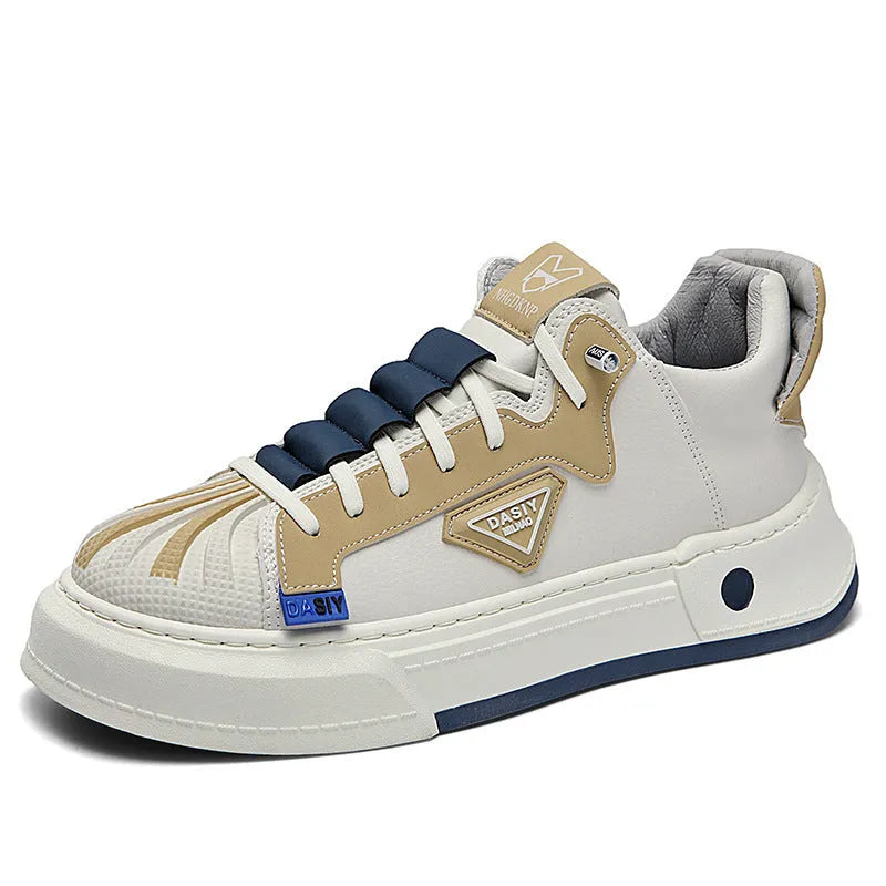 Men's beige low-top casual sneakers with elastic band and leather stitching.