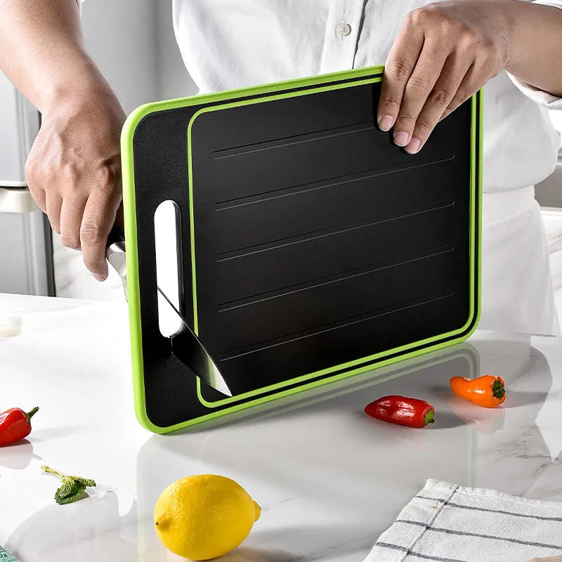 Grey square aluminium double-side cutting board with defrosting function and knife sharpener