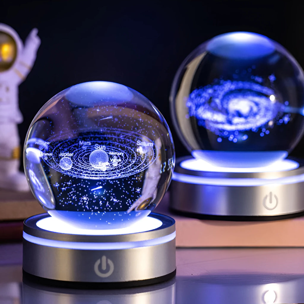 Creative 3D inner carving luminous crystal ball night lamp with colourful gradient, USB plug-in, and round touch base, 8cm diameter, white crystal material, astronaut style.