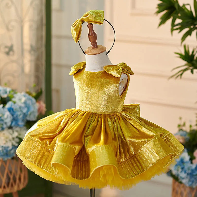 Golden short princess dress for girls, polyester, cute casual style, available in sizes 80-160cm