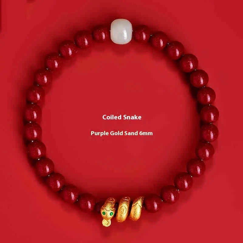 Handmade Chinese style cinnabar bracelet with snake zodiac beads in 6mm or 8mm diameter options
