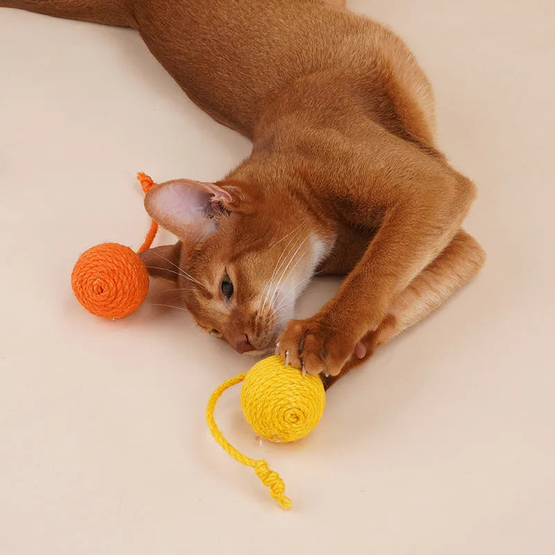 Cat toy set with teaser stick and catnip ball in blue, green, red, yellow colours