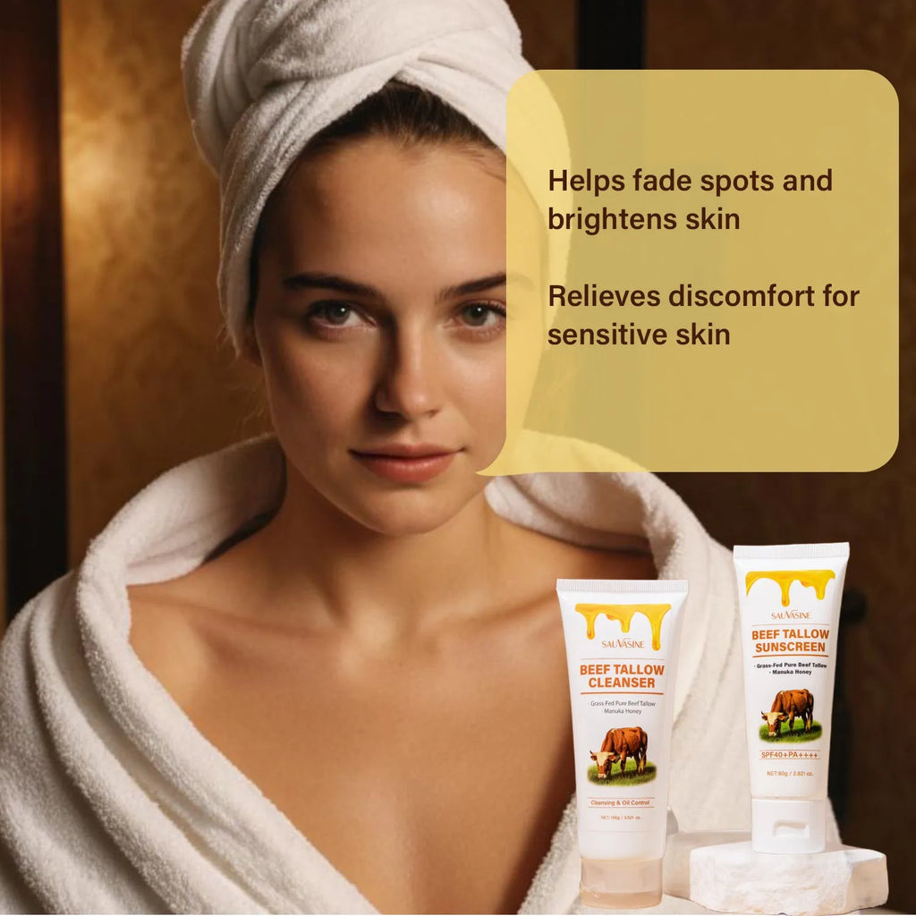Butter Honey seven-piece skincare set showing cleanser, face cream, lipstick, protective cream, body lotion, facial scrub and beef fat product