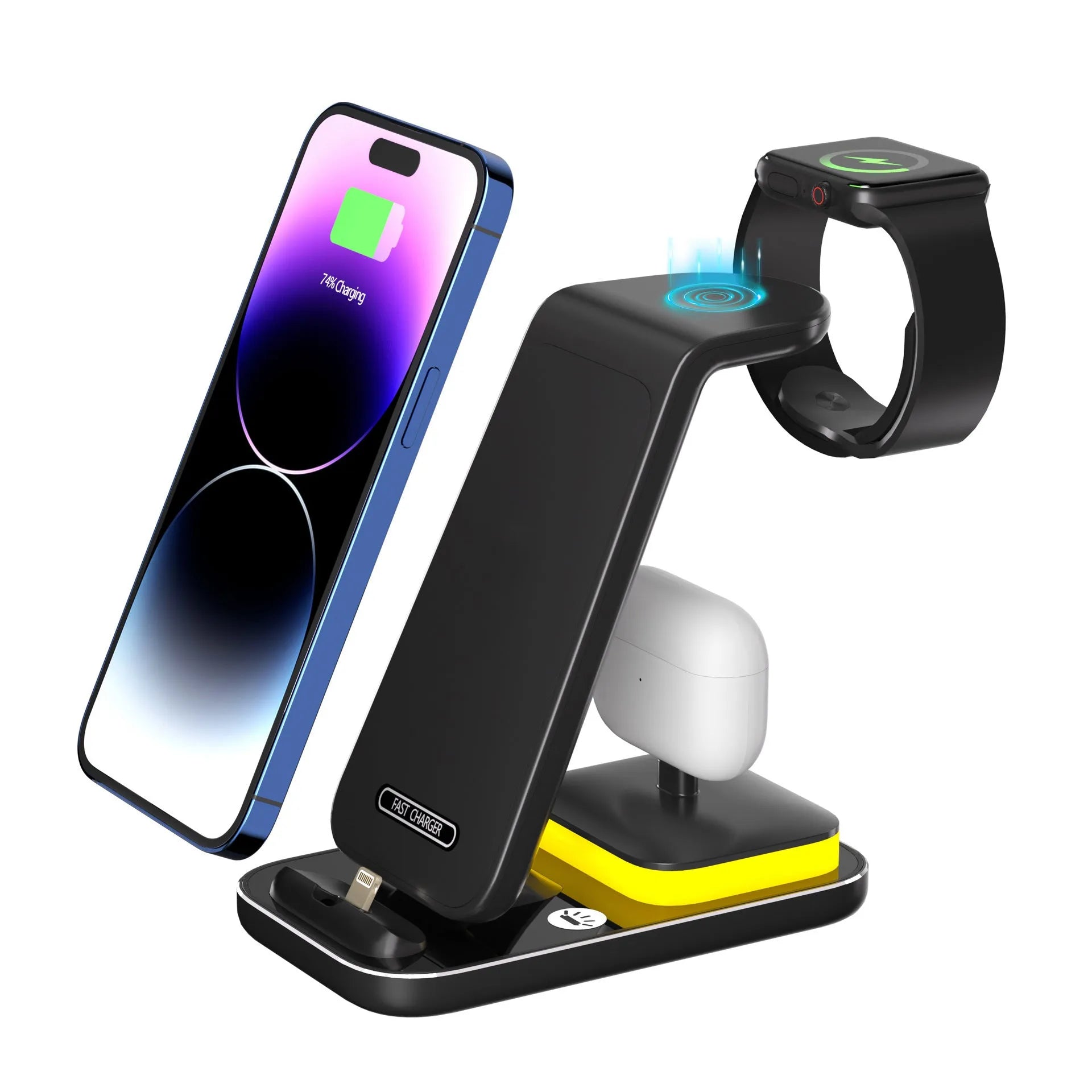 Black vertical wireless charger charging smartphone
