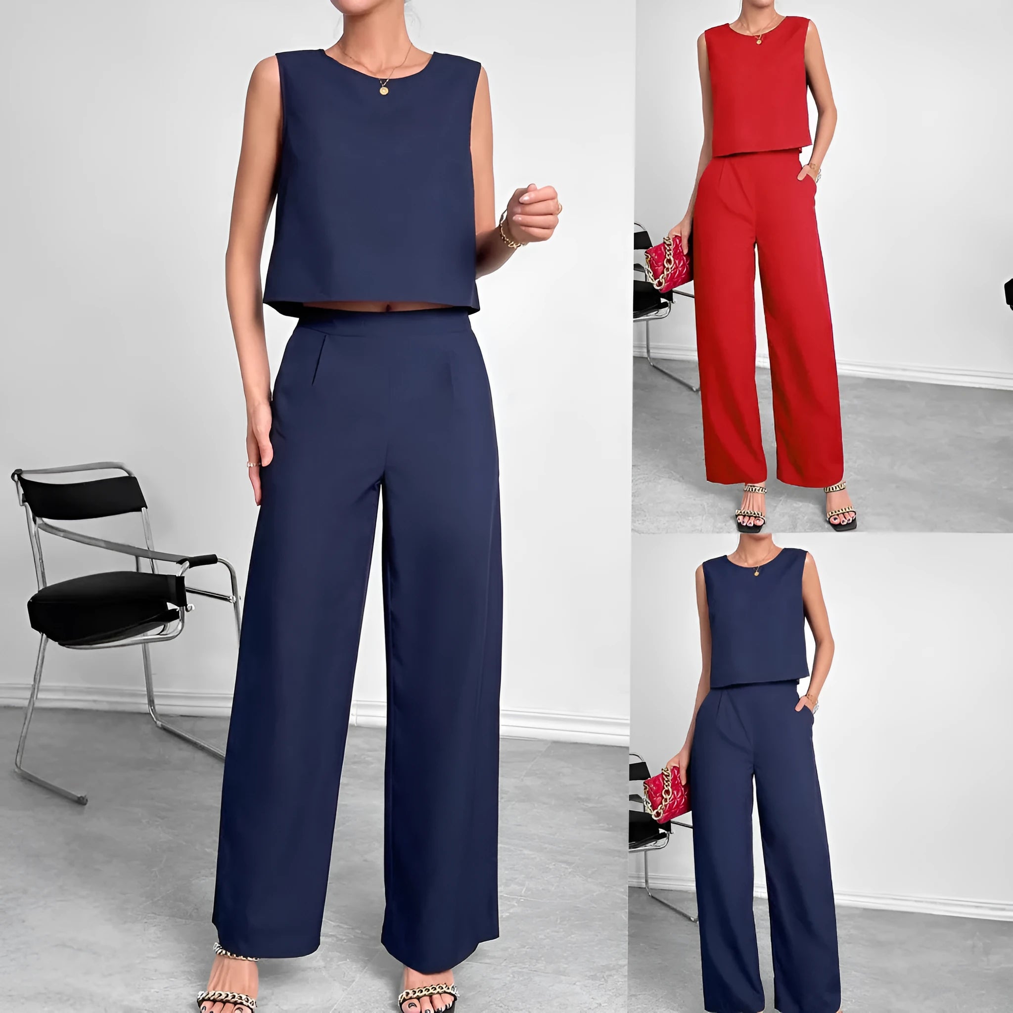 Red round neck sleeveless top and wide leg pants two-piece set