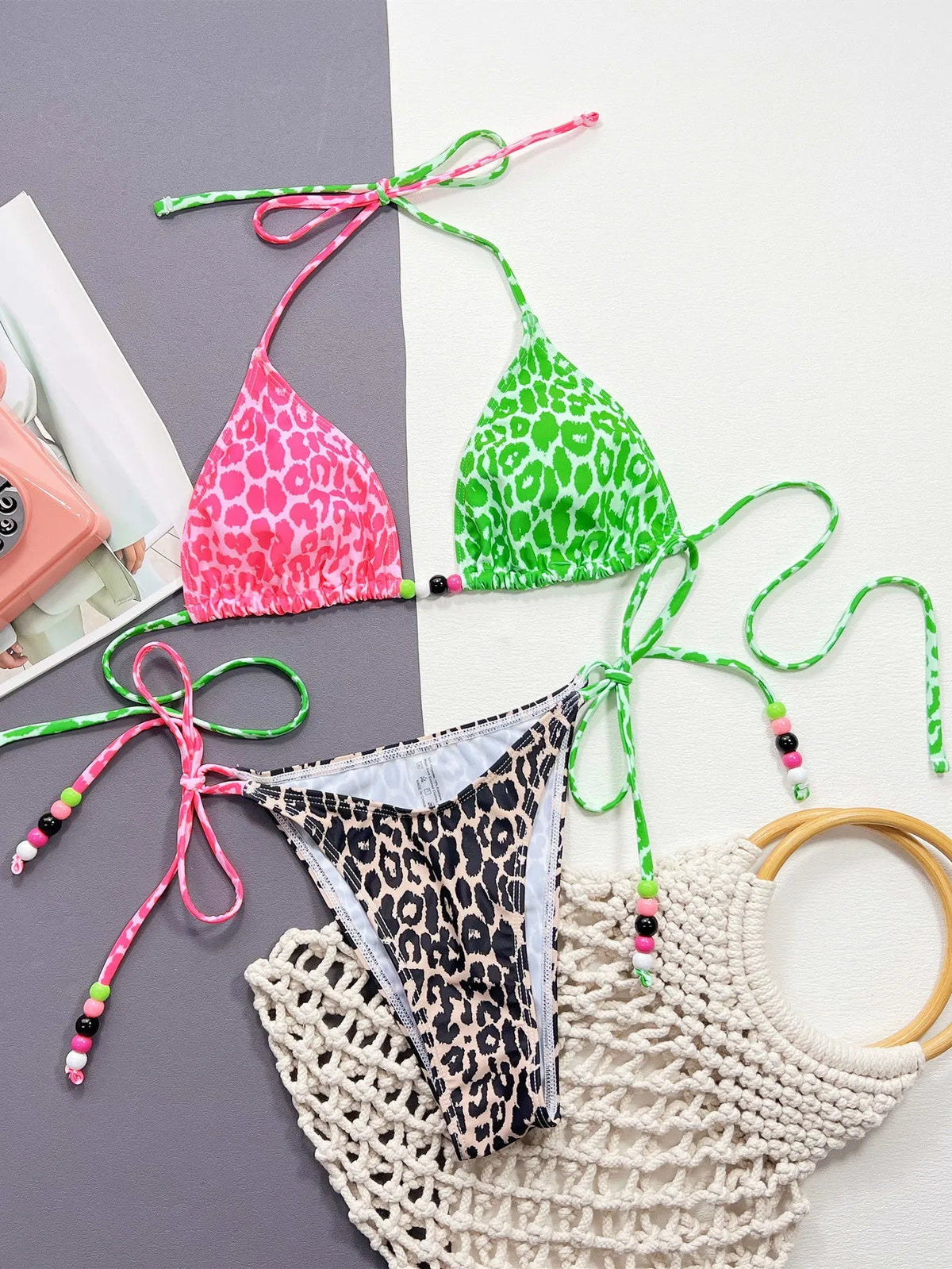Women's leopard print bikini swimsuit two-piece set with bra and panties